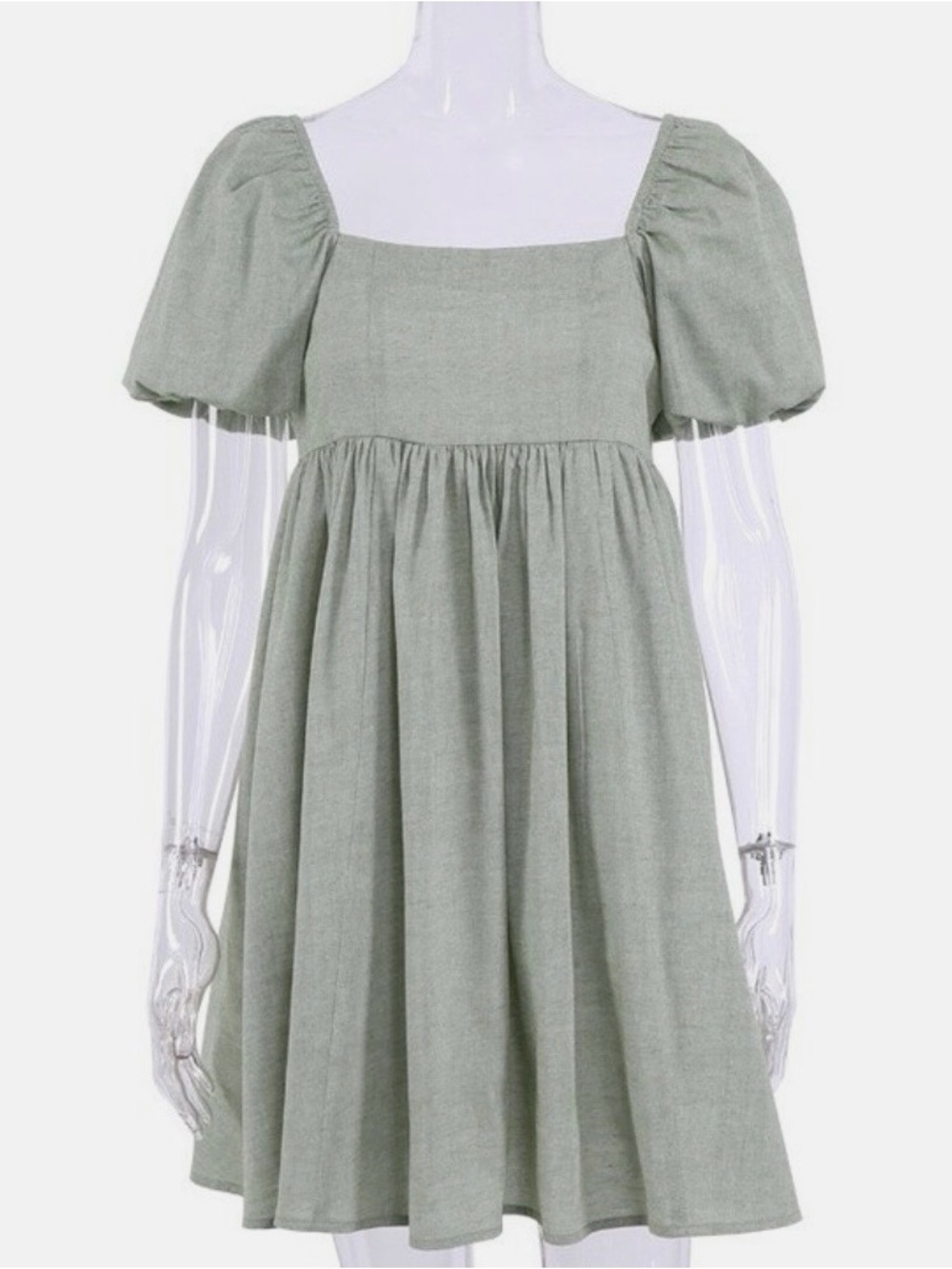 Women’s Cotton Linen Babydoll Dress Mini Puff Sleeve Swing Square Neck Dress